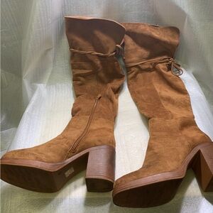 Over-the-Knee Tan Suede Block Heel Boots Size 9, Style “Riley,” Tie Detail